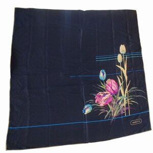 Moretti Italian Silk Scarf Floral Art Tulip Design Vintage Navy Blue Background